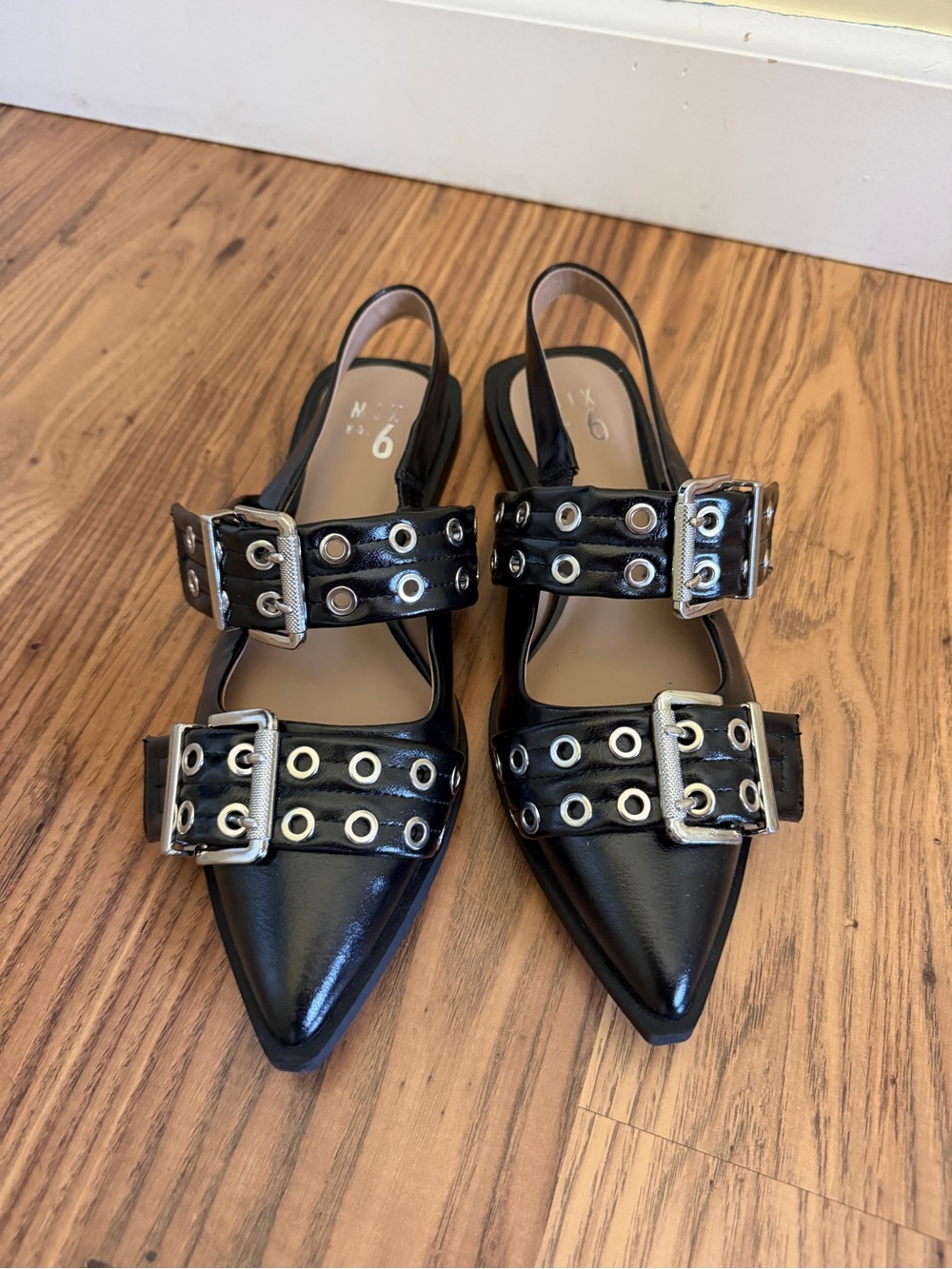 Mix No. 6 Black Pointed Slingback Flats with Grommet Buckles